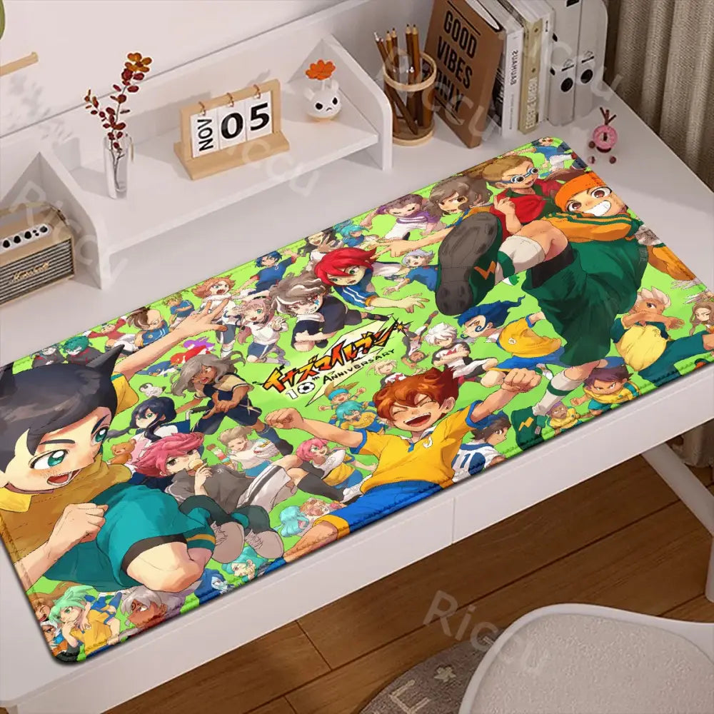 Vibrant green inazuma eleven desk mat and mouse pad with colorful anime characters celebrating 10th anniversary rubber anti slip