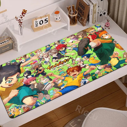 Vibrant green inazuma eleven desk mat and mouse pad with colorful anime characters celebrating 10th anniversary rubber anti slip