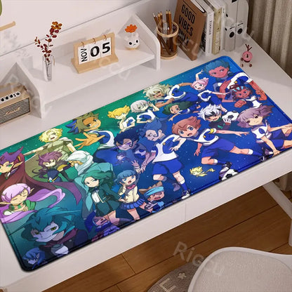 Vibrant blue and green inazuma eleven desk mat featuring dynamic characters in athletic uniforms rubber anti slip mouse pad