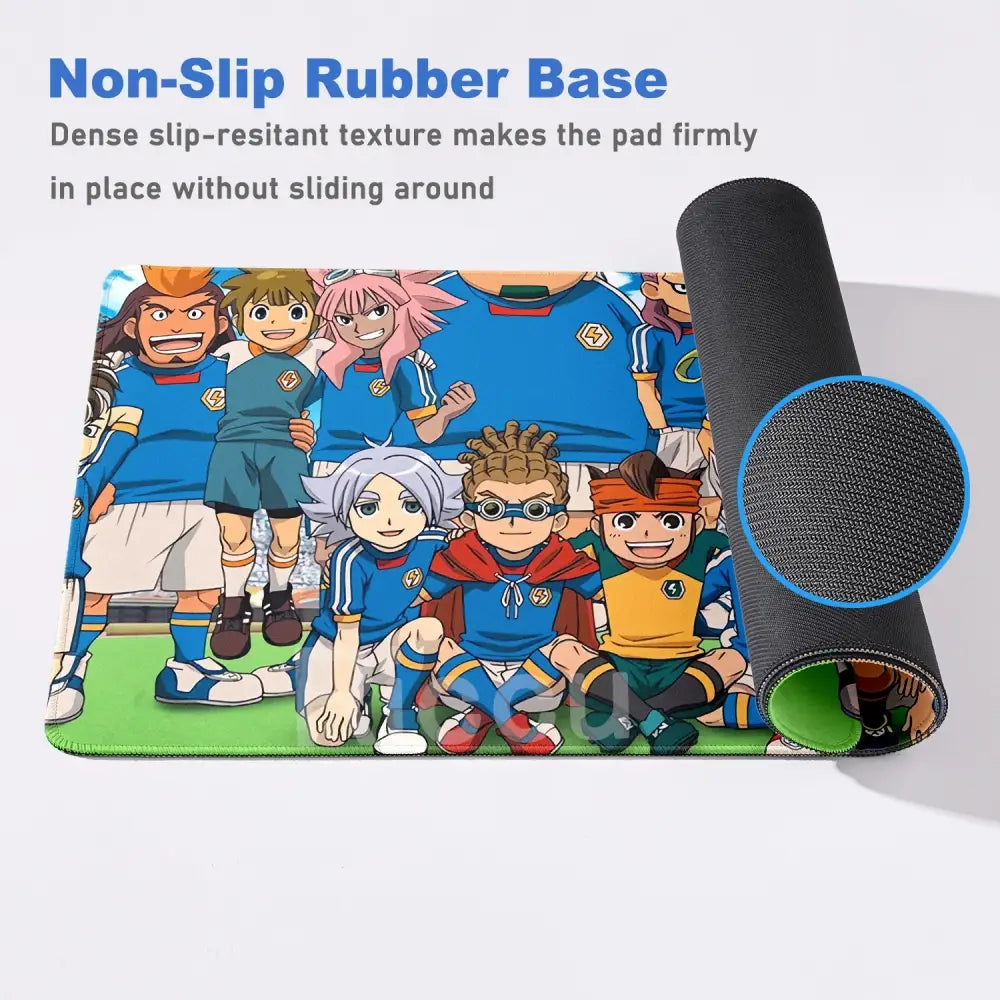 Inazuma eleven desk mat featuring vibrant cartoon soccer characters on green field rubber anti slip mouse pad