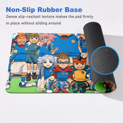 Inazuma eleven desk mat featuring vibrant cartoon soccer characters on green field rubber anti slip mouse pad