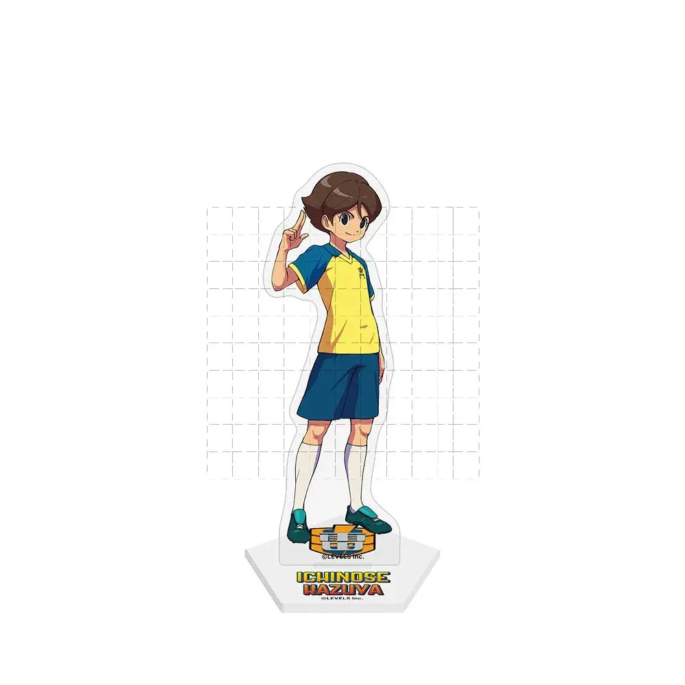 Inazuma eleven endo mamoru acrylic stand doll featuring anime character in yellow and blue soccer uniform making peace sign