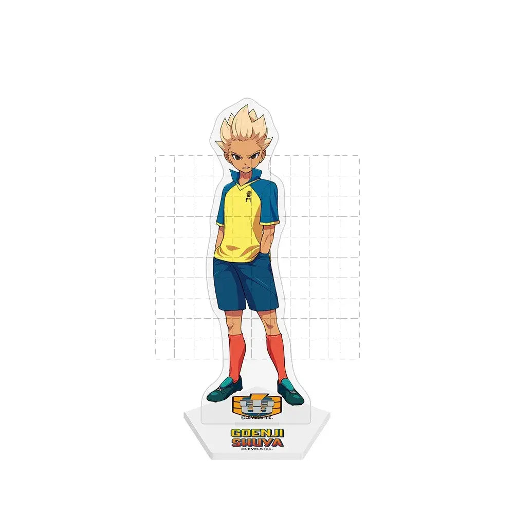 Clear acrylic stand doll of inazuma eleven endo mamoru in blue and yellow soccer jersey with spiky blonde hair