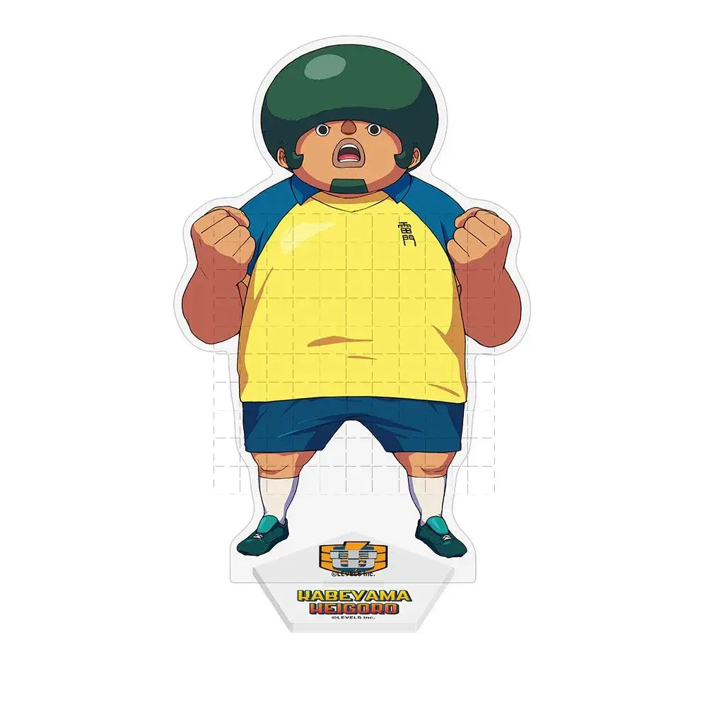 Inazuma eleven endo mamoru acrylic stand doll featuring a green helmeted yellow-shirted figure on a clear base