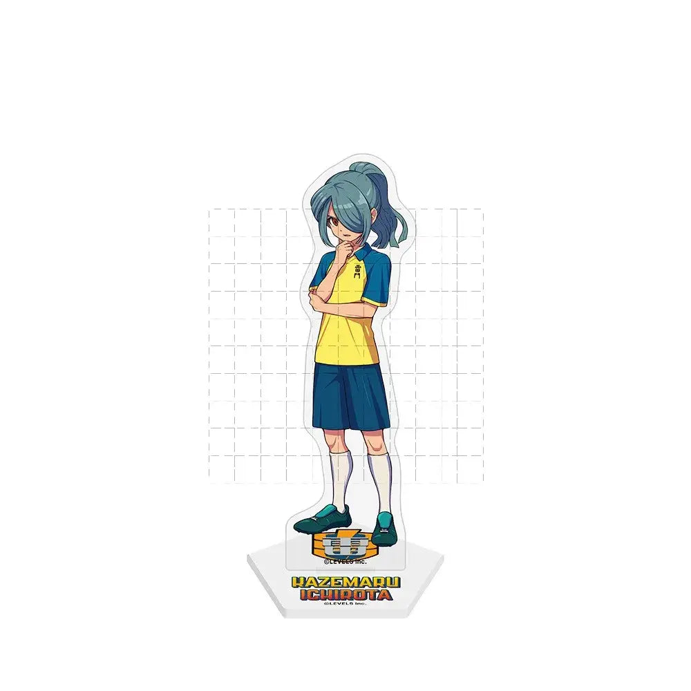 Inazuma Eleven acrylic stand doll of Endo Mamoru with blue ponytail in yellow and navy sports uniform on clear acrylic