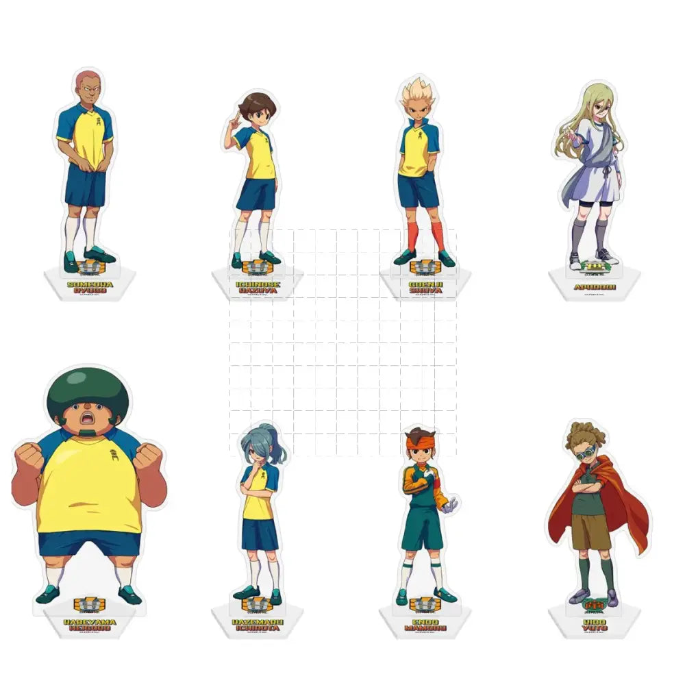 Set of eight inazuma eleven acrylic stand dolls featuring soccer players in yellow and blue uniforms with distinct styles