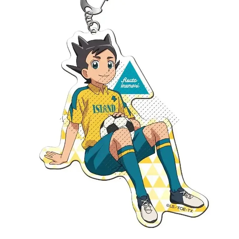 Yellow and teal shuya goenji acrylic keyring with black hair green eyes and smiling expression anime gift