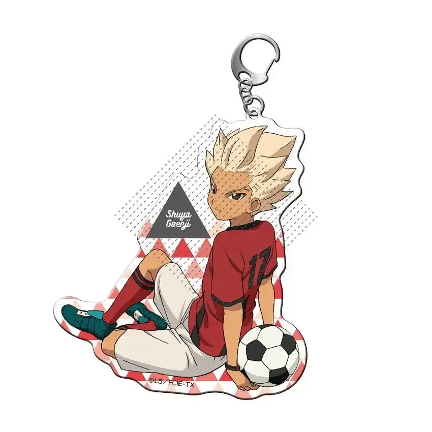 Clear acrylic shuya goenji keychain featuring anime character in red jersey with black and white soccer ball for anime gift