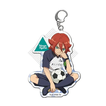 Clear acrylic shuya goenji acrylic keyring featuring red-haired anime character with green eyes and soccer ball design