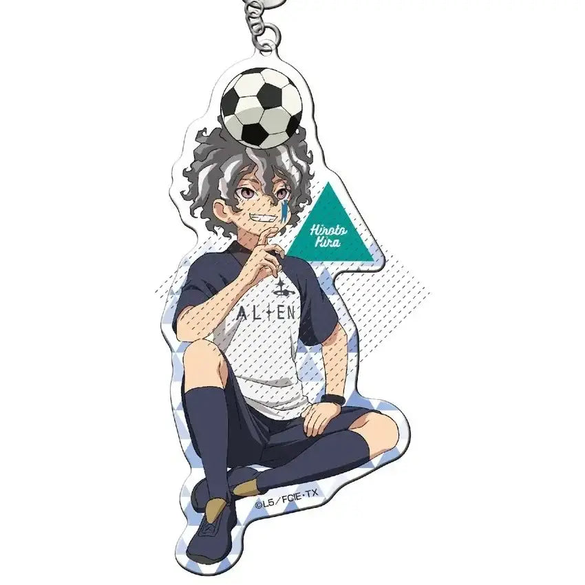 Clear acrylic shuya goenji keyring featuring anime character in navy and white soccer jersey balancing soccer ball