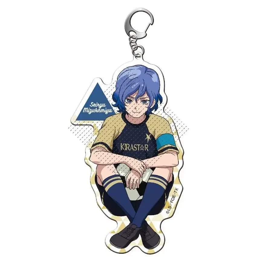 Blue-haired shuya goenji acrylic keyring featuring gold and navy soccer jersey with kirastar for anime gift fans