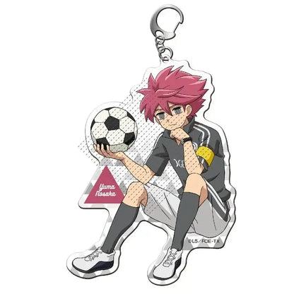 Clear acrylic shuya goenji keyring featuring pink-haired anime soccer player yuma nogata with gray uniform and ball