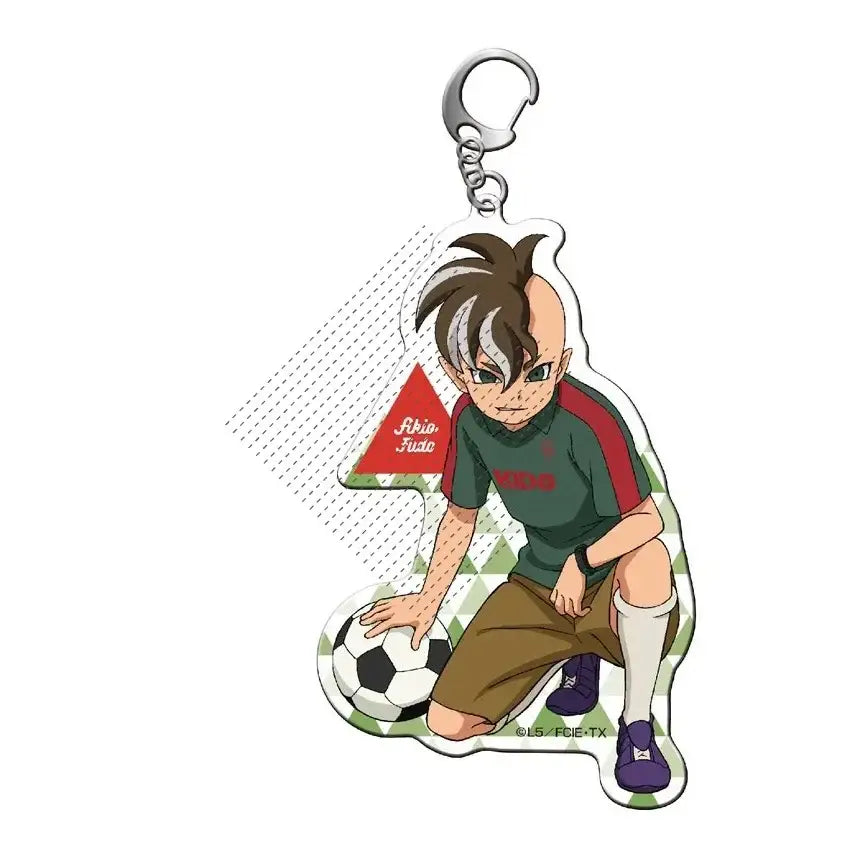 Clear acrylic shuya goenji keyring featuring anime character kneeling with soccer ball in green jersey and brown shorts