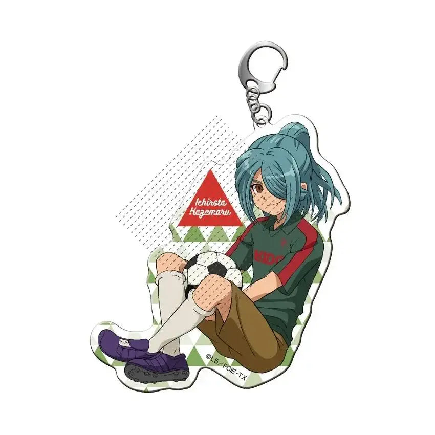 Blue-haired shuya goenji acrylic keyring in green red soccer jersey holding black white ball from inazuma eleven