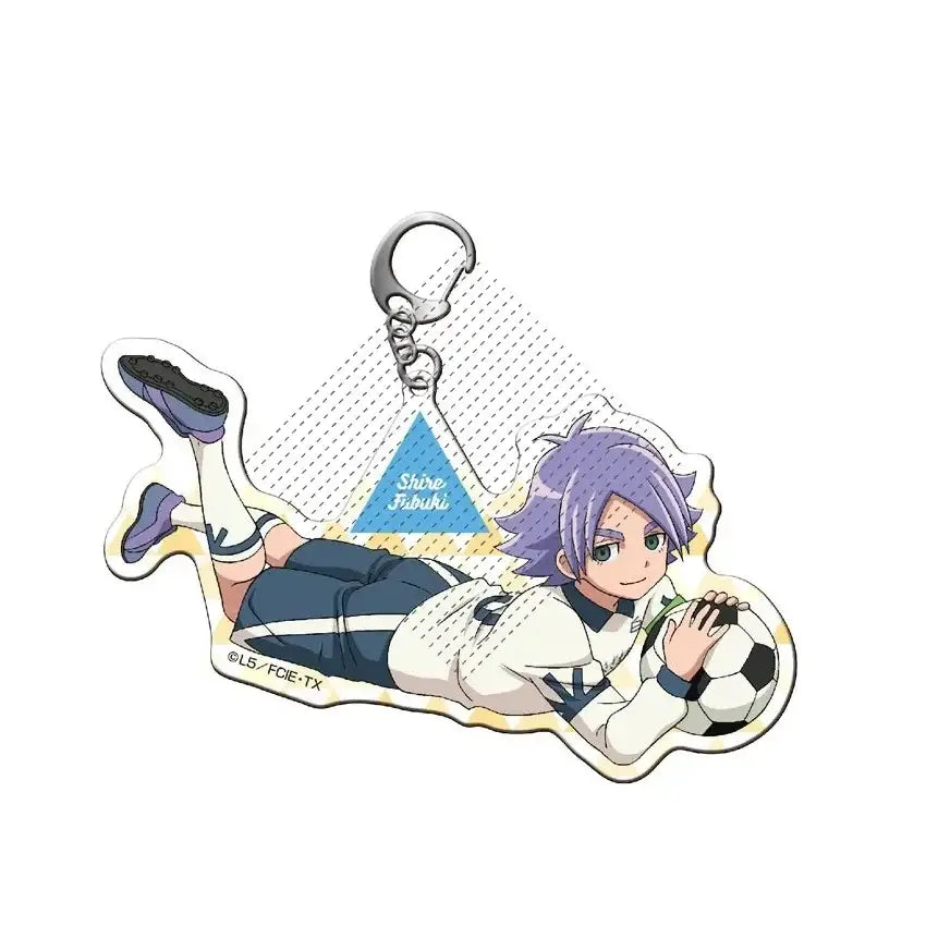 Purple-haired shuya goenji acrylic keyring featuring soccer player in white and blue uniform holding black and white ball
