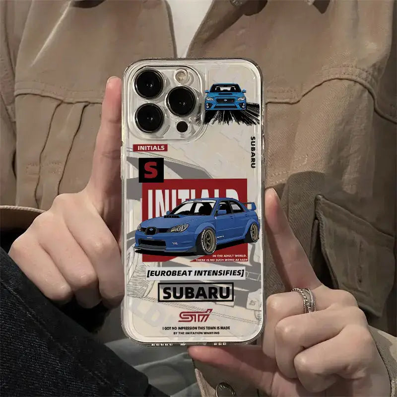 Blue Subaru STI graphic initial d ae86 phone case with transparent edges and bold red text accents on the back side
