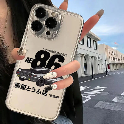 Clear transparent phone case with black and white initial d ae86 illustration and japanese text for iphone models