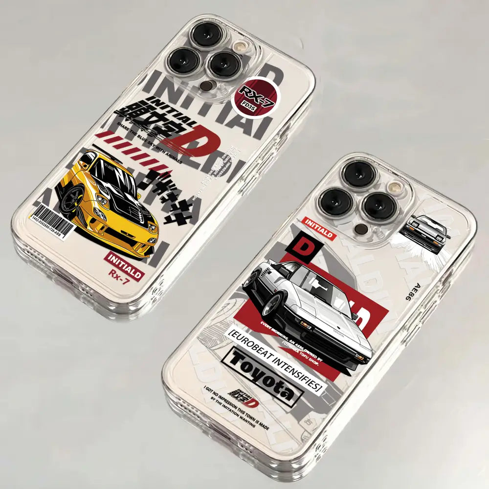 Clear initial d ae86 phone case featuring vibrant yellow and white ae86 and rx-7 graphics with bold street racing typography