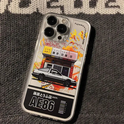Clear transparent phone case with vibrant initial d ae86 illustration of white ae86 toyota corolla and japanese shop