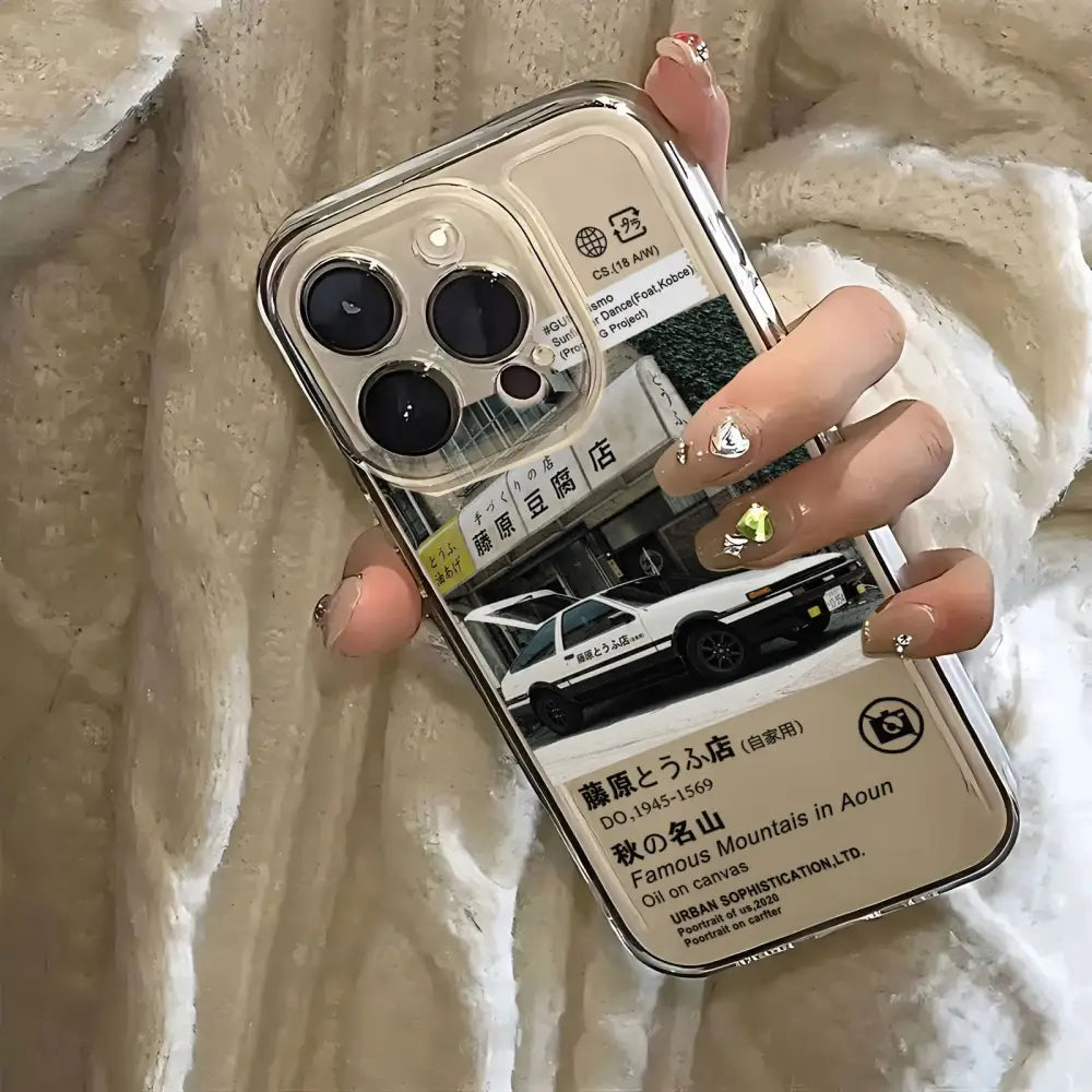 Clear initial d ae86 phone case with vintage black and white car illustration and silver metallic edges transparent cover