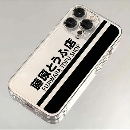 Back of clear transparent phone case with black diagonal stripes and fujiwara tofu shop text for initial d ae86 phone case