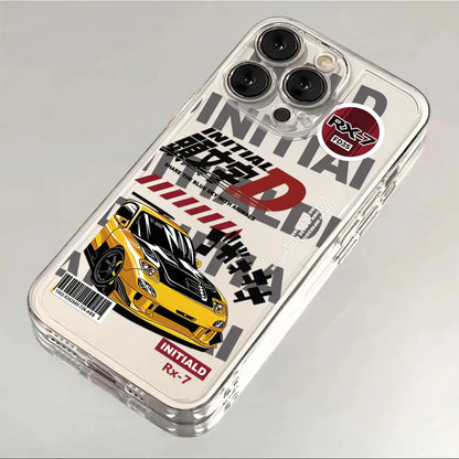Clear transparent phone case featuring vibrant yellow black initial d rx-7 race car graphic with bold typography for ae86 phone case