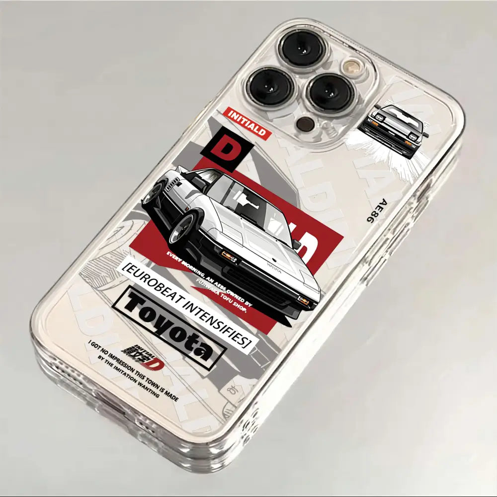 Clear transparent phone case featuring a white toyota ae86 with red and black graphic design initial d ae86 phone case