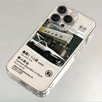 Clear transparent phone case with printed initial d ae86 parked in front of a japanese shop ae86 phone case