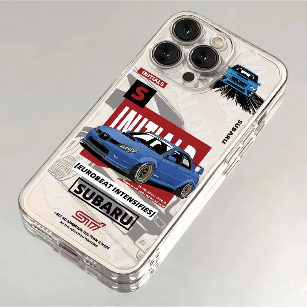 Clear transparent phone case featuring vibrant blue Subaru sti graphic with red and black text for initial d ae86 phone case