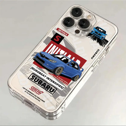 Clear transparent phone case featuring vibrant blue Subaru sti graphic with red and black text for initial d ae86 phone case