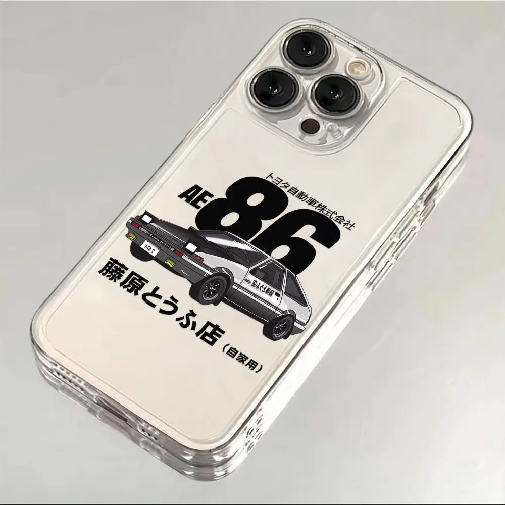 Clear transparent phone case featuring black and white initial d ae86 toyota corolla illustration with japanese text