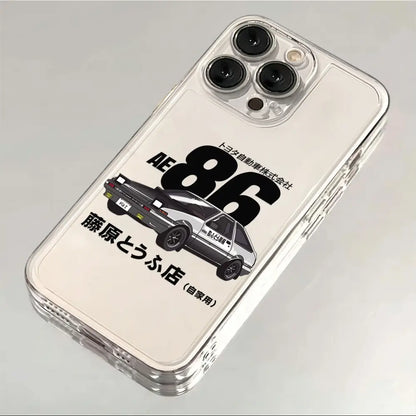 Clear transparent phone case featuring black and white initial d ae86 toyota corolla illustration with japanese text