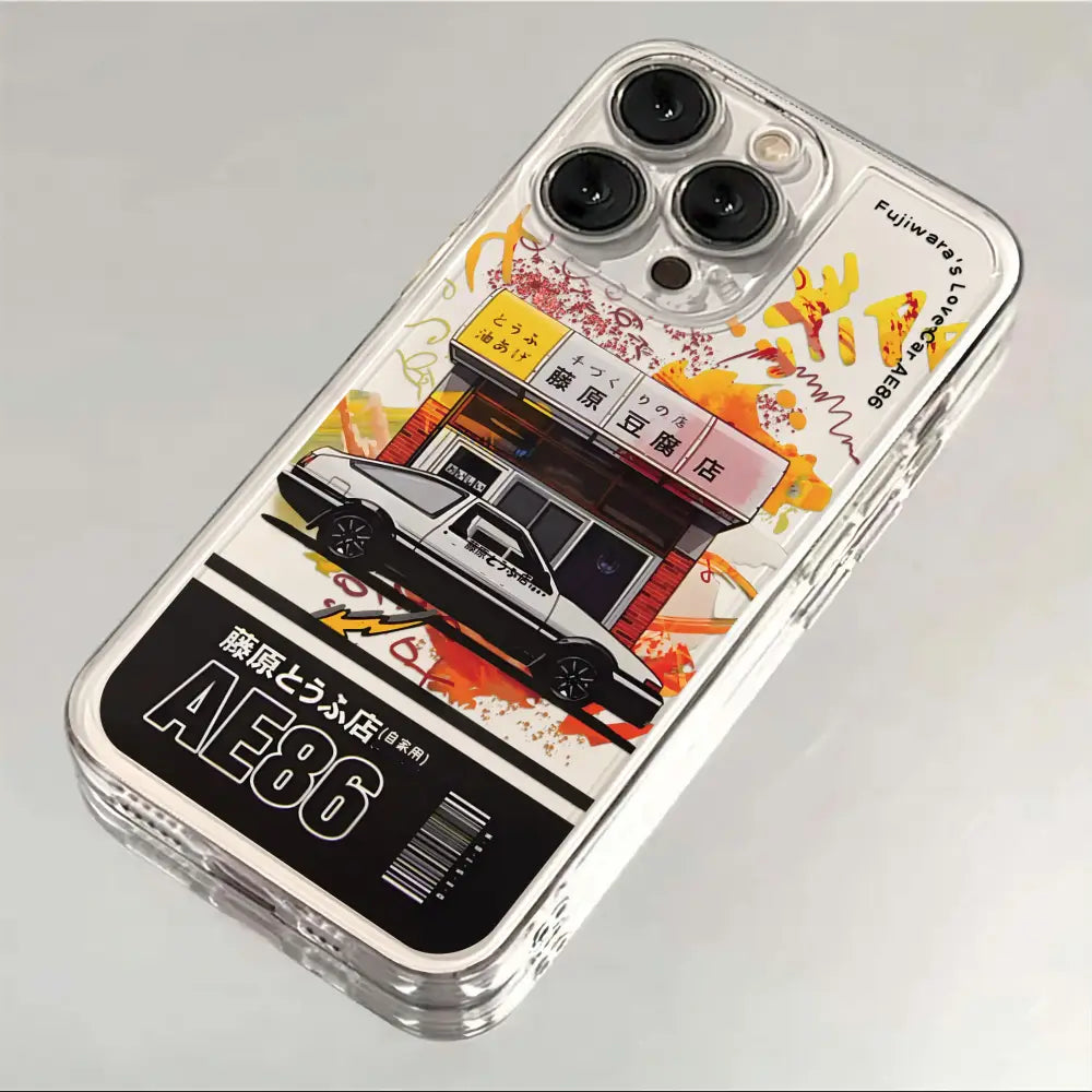 Clear initial d ae86 phone case with vibrant white ae86 illustration and bold black orange splatter on transparent cover