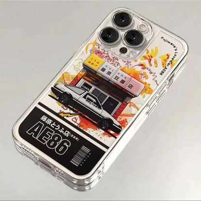 Clear initial d ae86 phone case with vibrant white ae86 illustration and bold black orange splatter on transparent cover