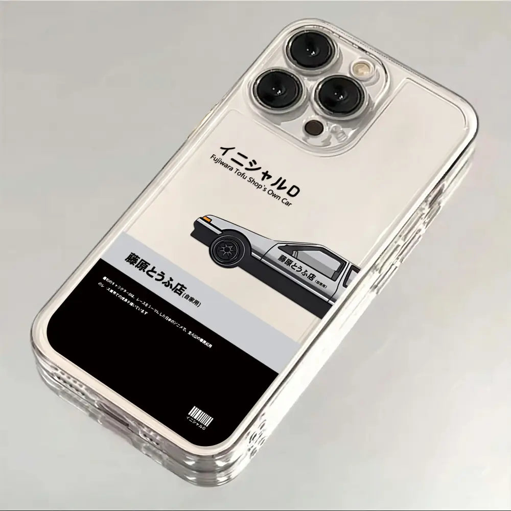 Clear transparent phone case with black and white fujisawa tofu shop car illustration for initial d ae86 phone case