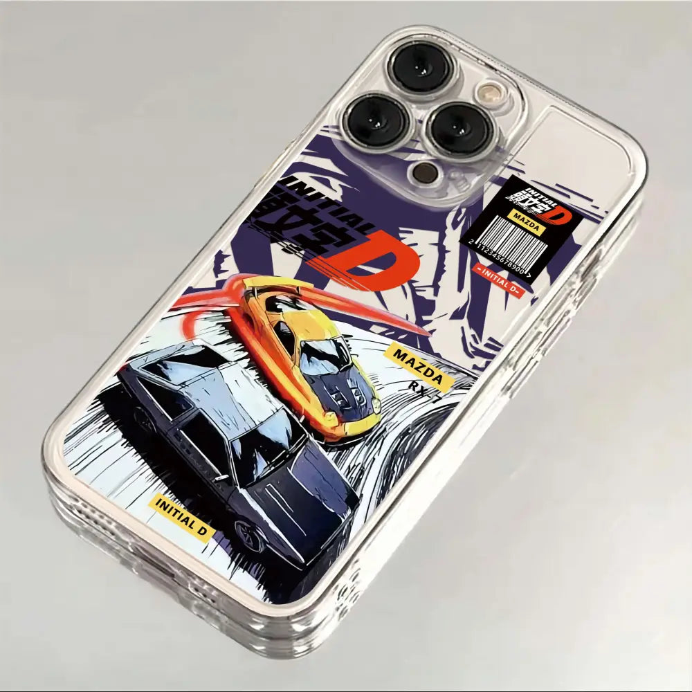 Initial d ae86 phone case with transparent cover featuring vibrant graphic of yellow orange mazda rx-7 and blue sedan