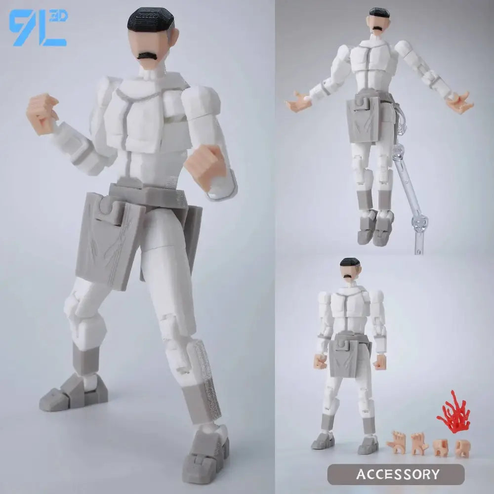 White and gray multi-jointed invincible boy conquer printed action figure with black hair, mustache, and interchangeable hands