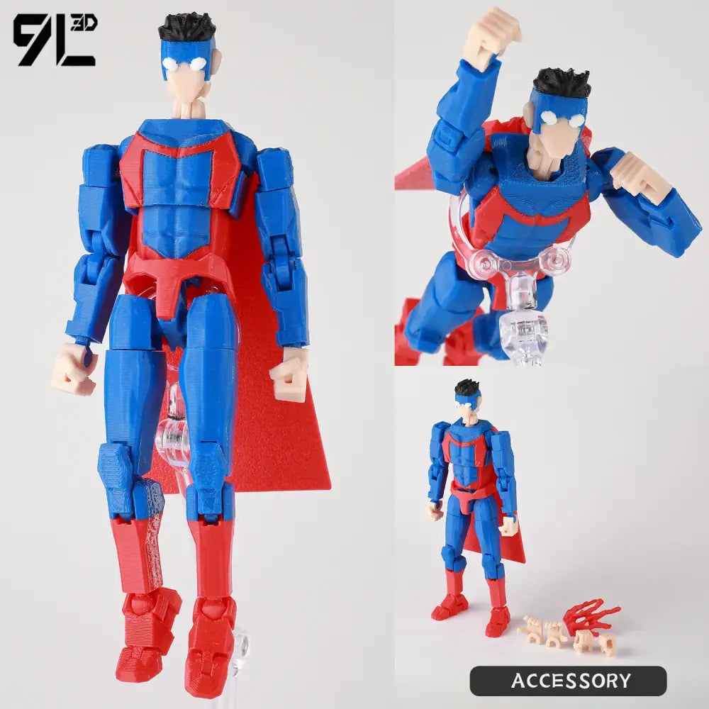 Invincible boy conquer action figure in blue and red with multi-jointed poseable limbs and clear plastic accessories