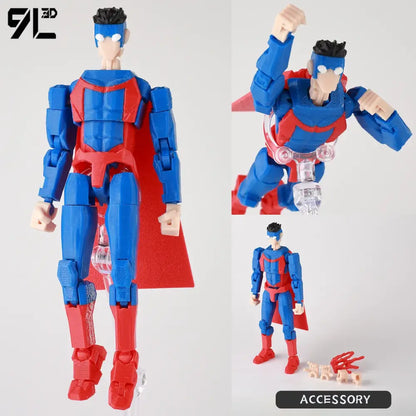 Invincible boy conquer action figure in blue and red with multi-jointed poseable limbs and clear plastic accessories