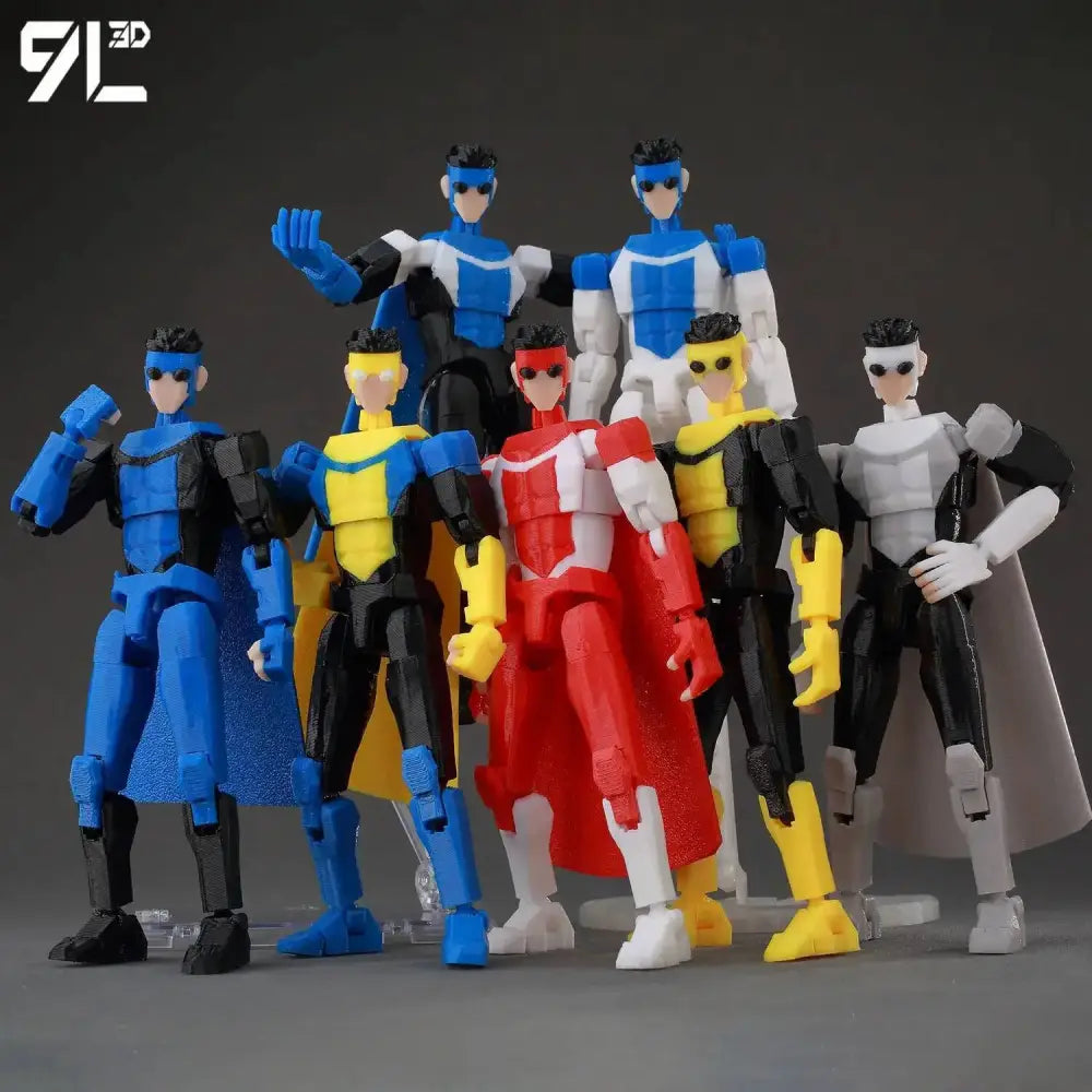 A collection of colorful invincible boy conquer multi-jointed poseable action figures in various printed outfits and poses