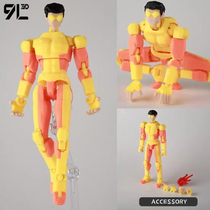Invincible boy conquer printed action figure in yellow and coral with black hair and yellow goggles multi-jointed poseable
