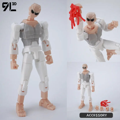 Invincible boy conquer printed action figure with white and gray minimalist design and black sunglasses in articulated pose