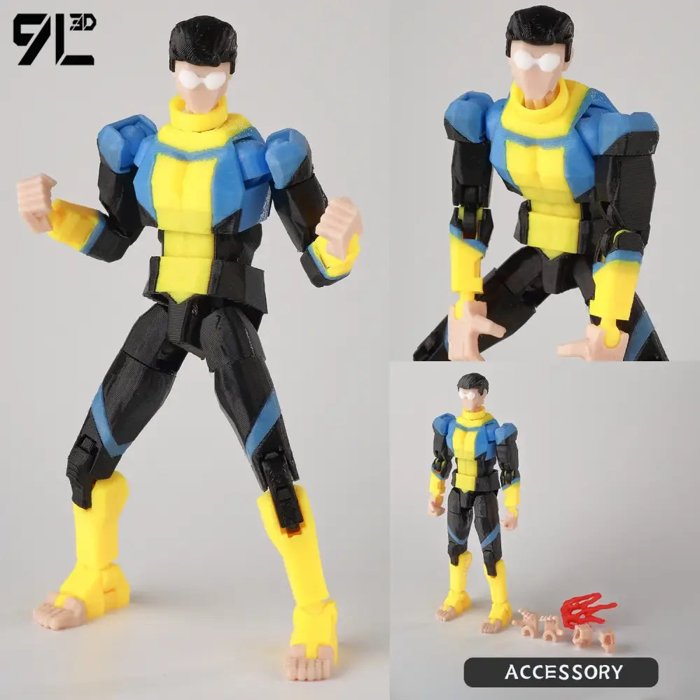 Detailed 3d-printed invincible boy conquer action figure in yellow and blue armor with black accents in a dynamic pose