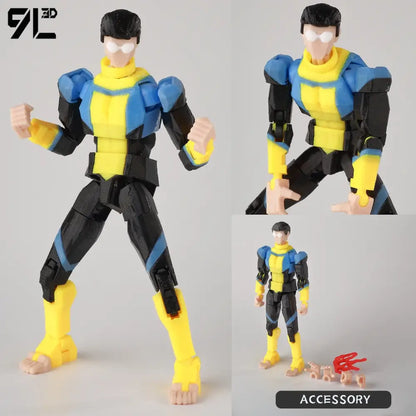 Detailed 3d-printed invincible boy conquer action figure in yellow and blue armor with black accents in a dynamic pose