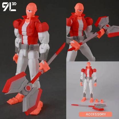 Invincible boy conquer action figure in red and white armor with orange accents holding gray and red weapon poseable