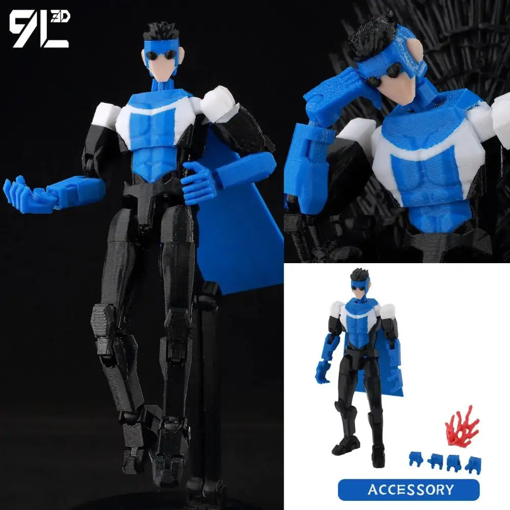 Blue and black invincible boy conquer printed action figure with white accents multi-jointed poseable design