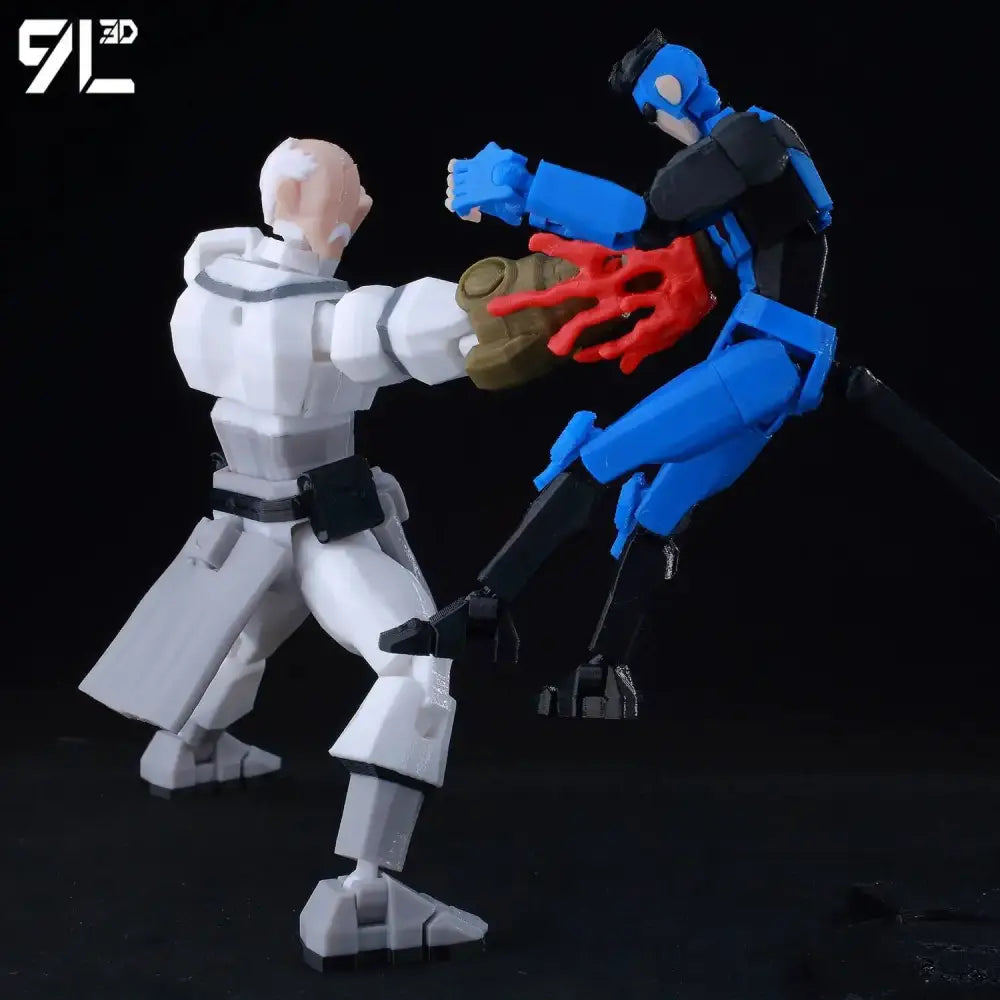 Blue and black invincible boy conquer multi-jointed printed action figure with red flame hand gripping brown object