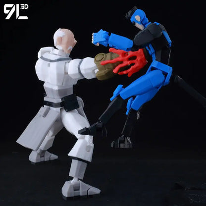 Blue and black invincible boy conquer multi-jointed printed action figure with red flame hand gripping brown object