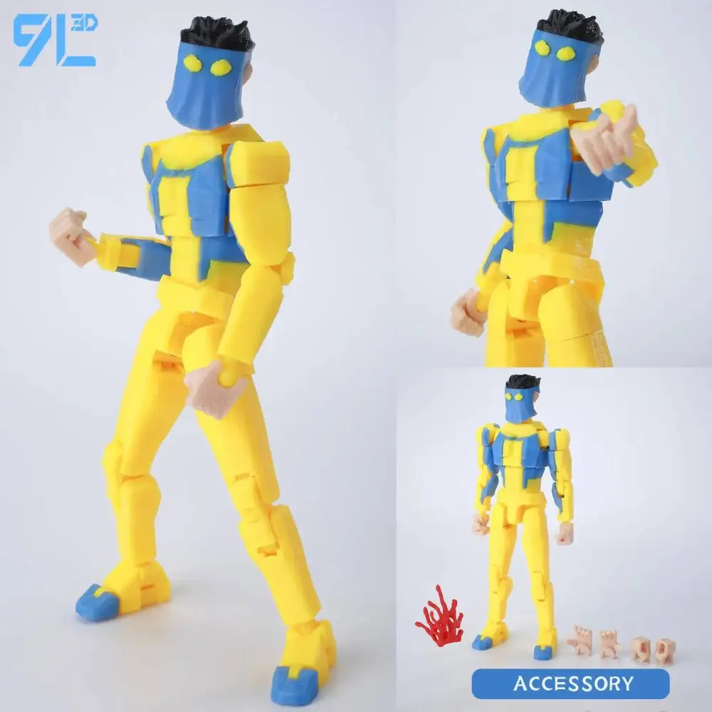 Invincible boy conquer action figure in yellow and blue with black hair, glowing eyes, and multi-jointed poseable design