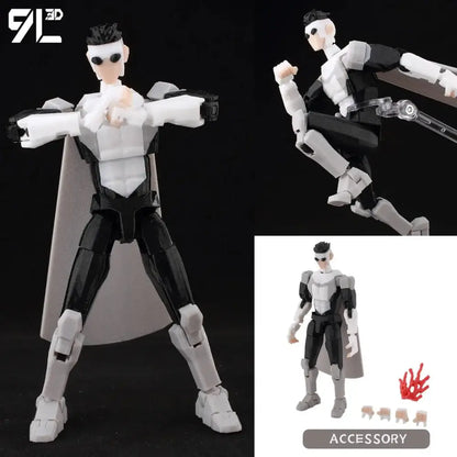 Black and white invincible boy conquer action figure with cape and detailed armor plating featuring interchangeable accessories